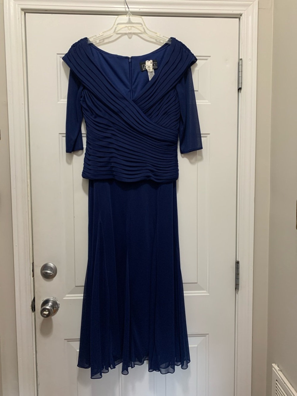 Alex Navy Blue Pleated Tea Length Evening Dress Size 8